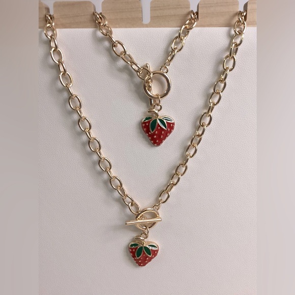 Jewelry - Gold Strawberry Toggle Charm Necklace & Bracelet Set